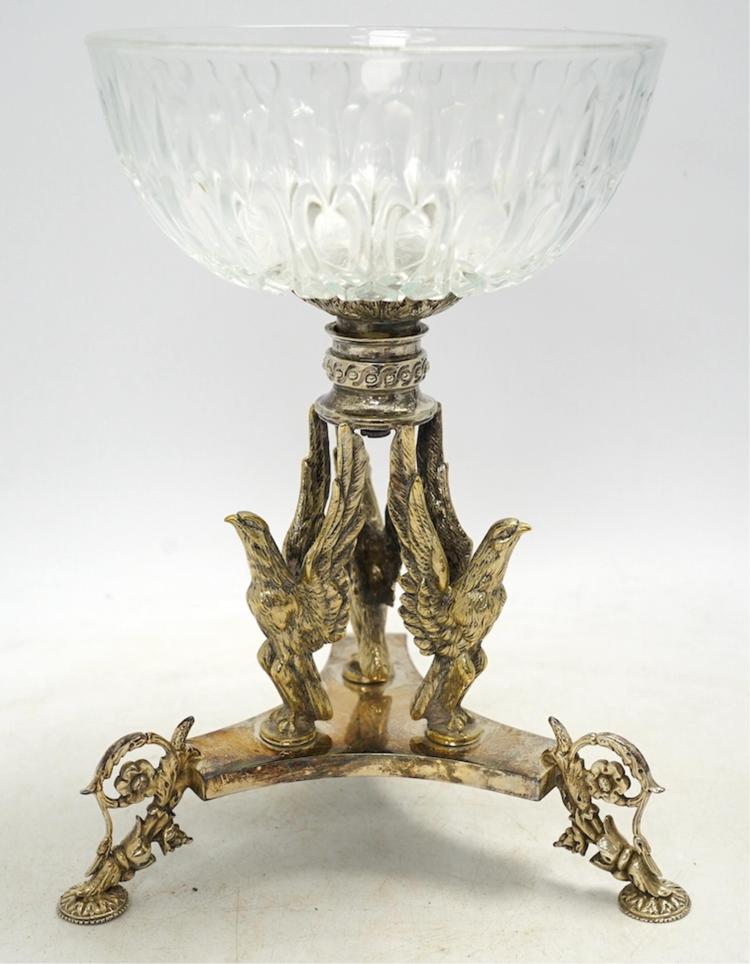 A Victorian electroplated centrepiece with pressed glass bowl, 26.5cm high. Condition - good